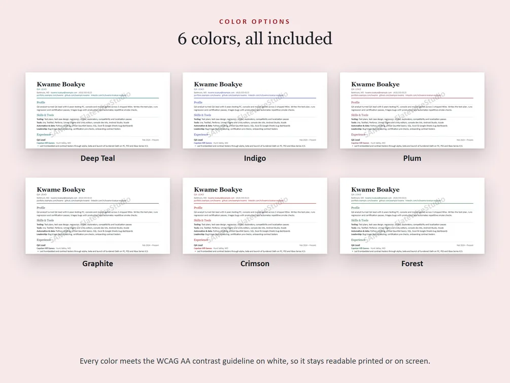 The six colors each resume comes in: Deep Teal, Indigo, Plum, Graphite, Crimson and Forest.