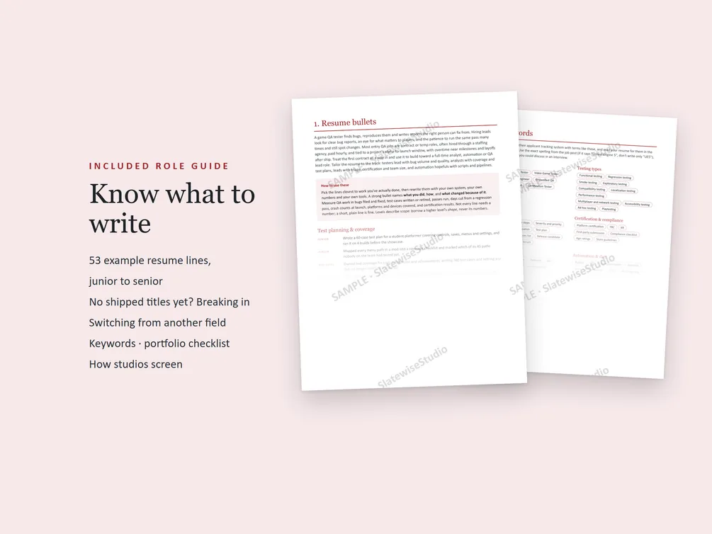 Pages from the QA Tester role guide, with example resume lines and advice on what to write.