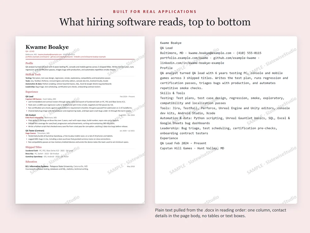 A sample QA Tester resume next to the plain text pulled from the file, in the same order.
