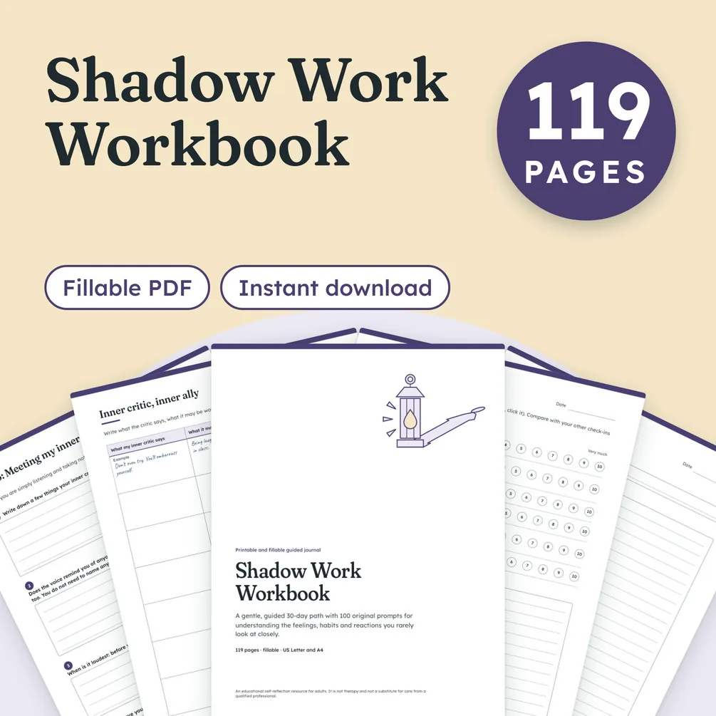 The Shadow Work Workbook cover: 119 pages, a fillable PDF and an instant download, in front of a spread of its pages.