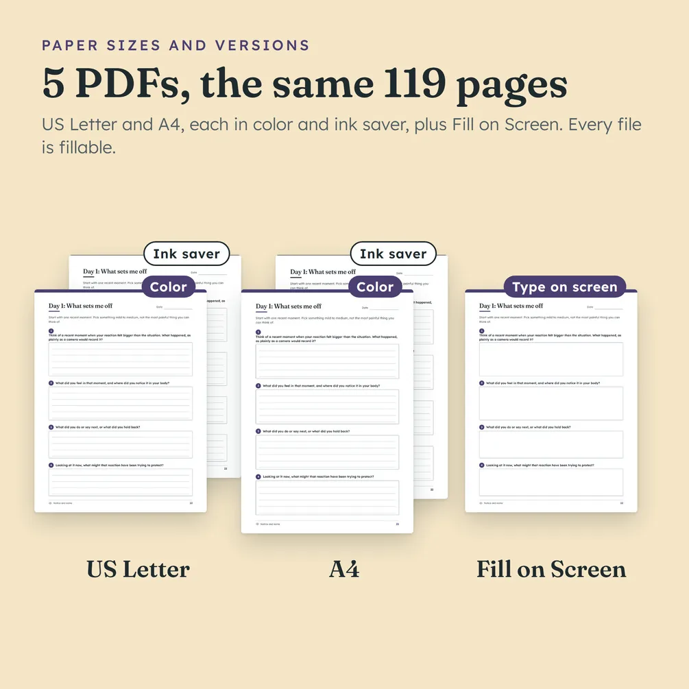 The five PDF versions: US Letter and A4, each in color and ink saver, and one for filling in on screen.