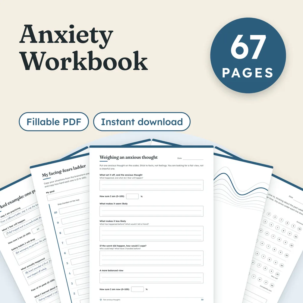 The Anxiety Workbook cover: 67 pages, a fillable PDF and an instant download, in front of a spread of its worksheets.