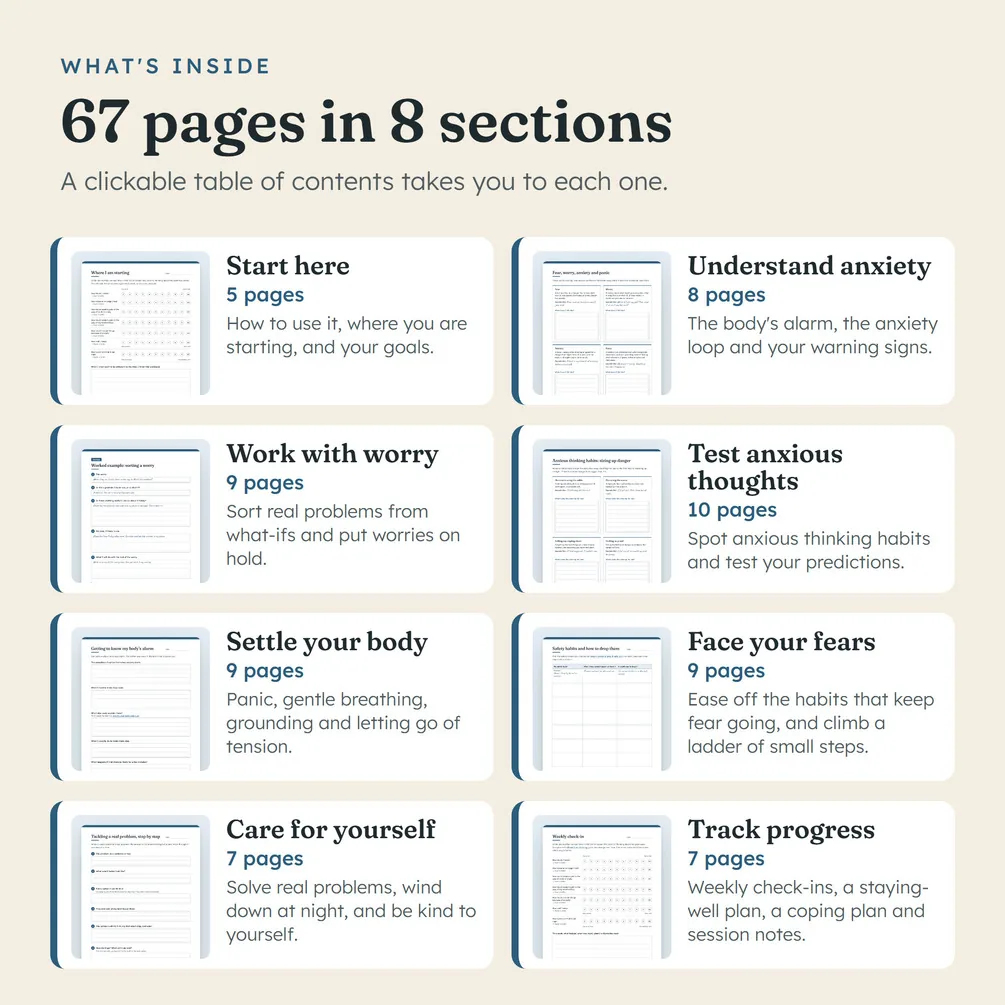 What's inside: 67 pages in 8 sections, from Start here to Track progress, with the page count of each.