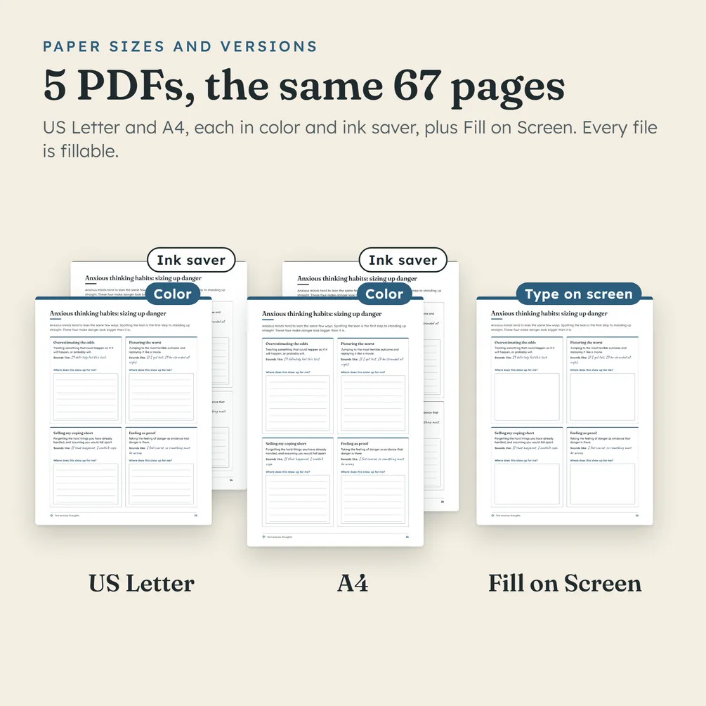 The five PDF versions: US Letter and A4, each in color and ink saver, and one for filling in on screen.