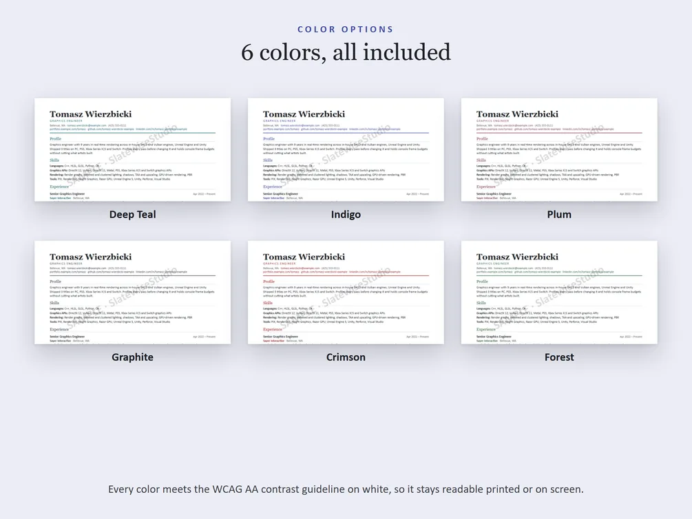 The six colors each resume comes in: Deep Teal, Indigo, Plum, Graphite, Crimson and Forest.