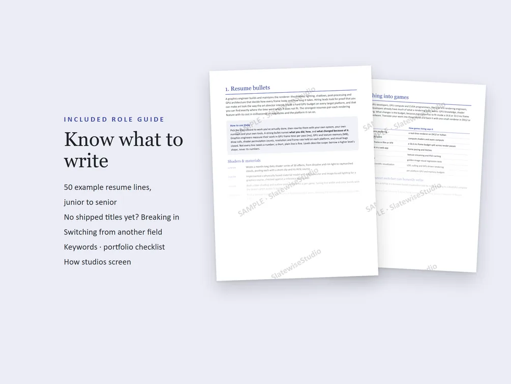 Pages from the Graphics Engineer role guide, with example resume lines and advice on what to write.