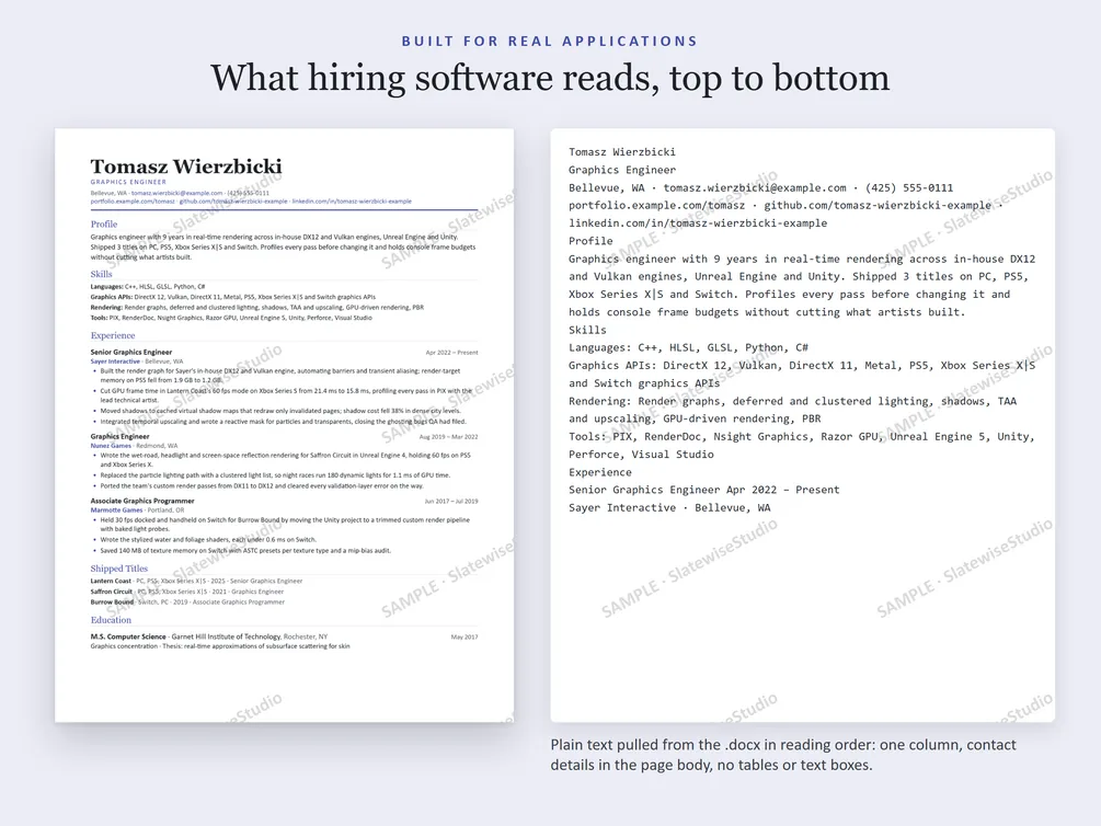 A sample Graphics Engineer resume next to the plain text pulled from the file, in the same order.