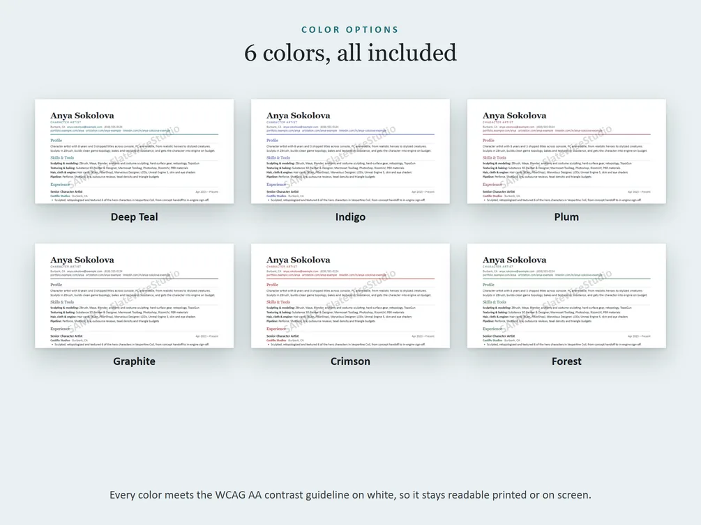 The six colors each resume comes in: Deep Teal, Indigo, Plum, Graphite, Crimson and Forest.