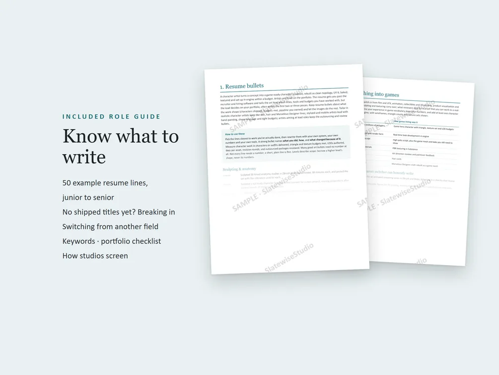 Pages from the Character Artist role guide, with example resume lines and advice on what to write.