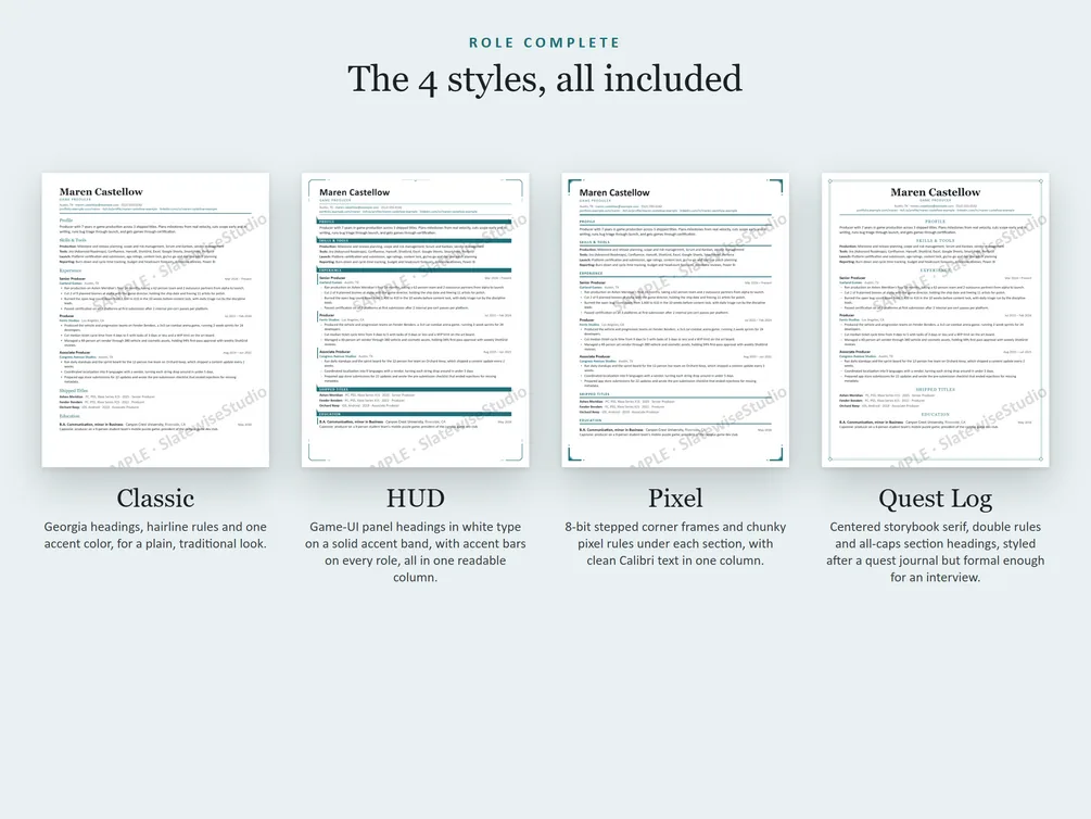 The four styles of the Game Producer resume side by side: Classic, HUD, Pixel and Quest Log.