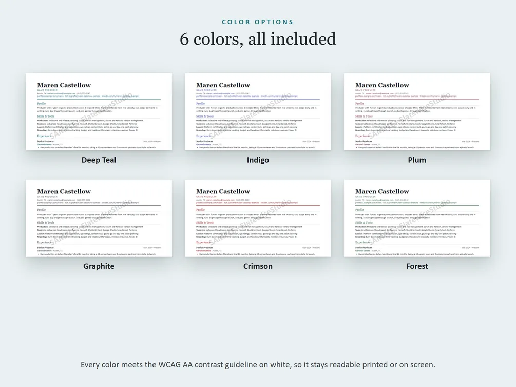 The six colors each resume comes in: Deep Teal, Indigo, Plum, Graphite, Crimson and Forest.