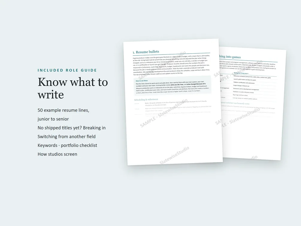 Pages from the Game Producer role guide, with example resume lines and advice on what to write.