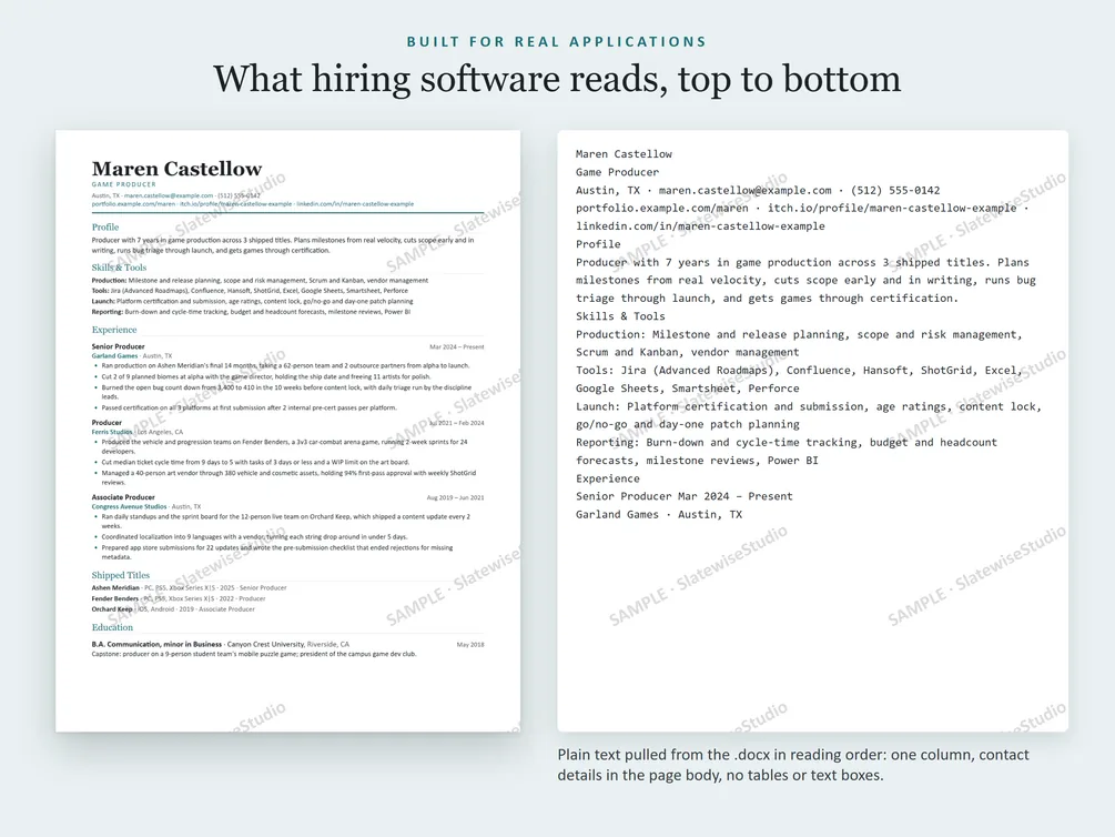 A sample Game Producer resume next to the plain text pulled from the file, in the same order.