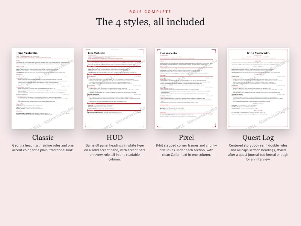 The four styles of the Level Designer resume side by side: Classic, HUD, Pixel and Quest Log.