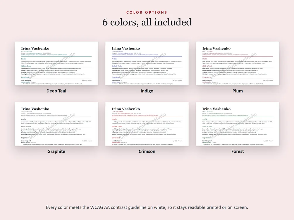 The six colors each resume comes in: Deep Teal, Indigo, Plum, Graphite, Crimson and Forest.
