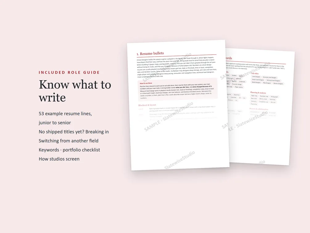 Pages from the Level Designer role guide, with example resume lines and advice on what to write.