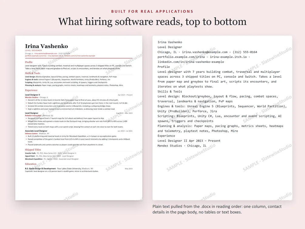 A sample Level Designer resume next to the plain text pulled from the file, in the same order.