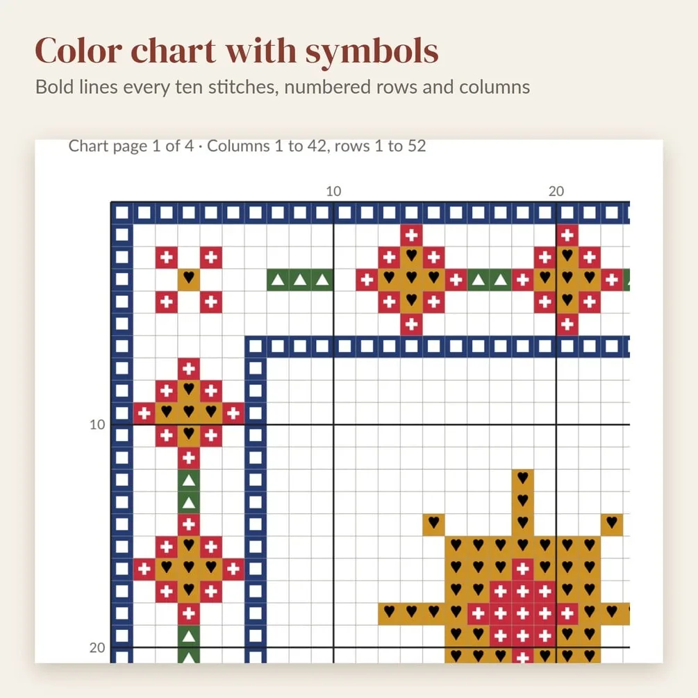 A color chart page with a symbol in each square, bold lines every ten stitches and numbered rows and columns.