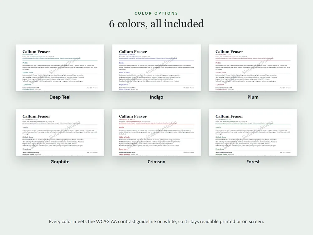 The six colors each resume comes in: Deep Teal, Indigo, Plum, Graphite, Crimson and Forest.