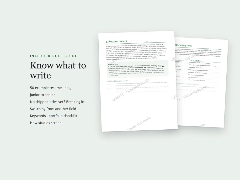 Pages from the Environment Artist role guide, with example resume lines and advice on what to write.