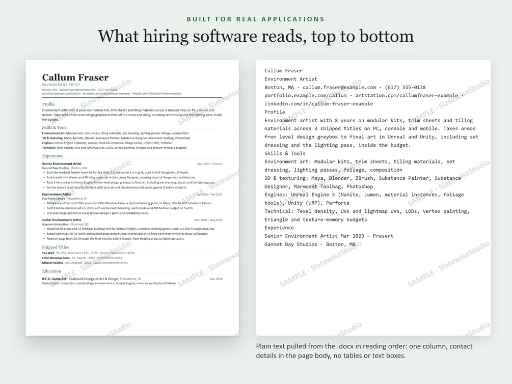 A sample Environment Artist resume next to the plain text pulled from the file, in the same order.