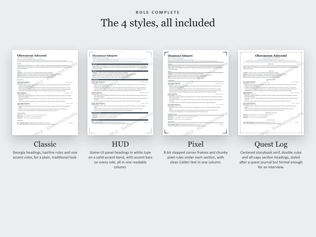 The four styles of the Engine Programmer resume side by side: Classic, HUD, Pixel and Quest Log.