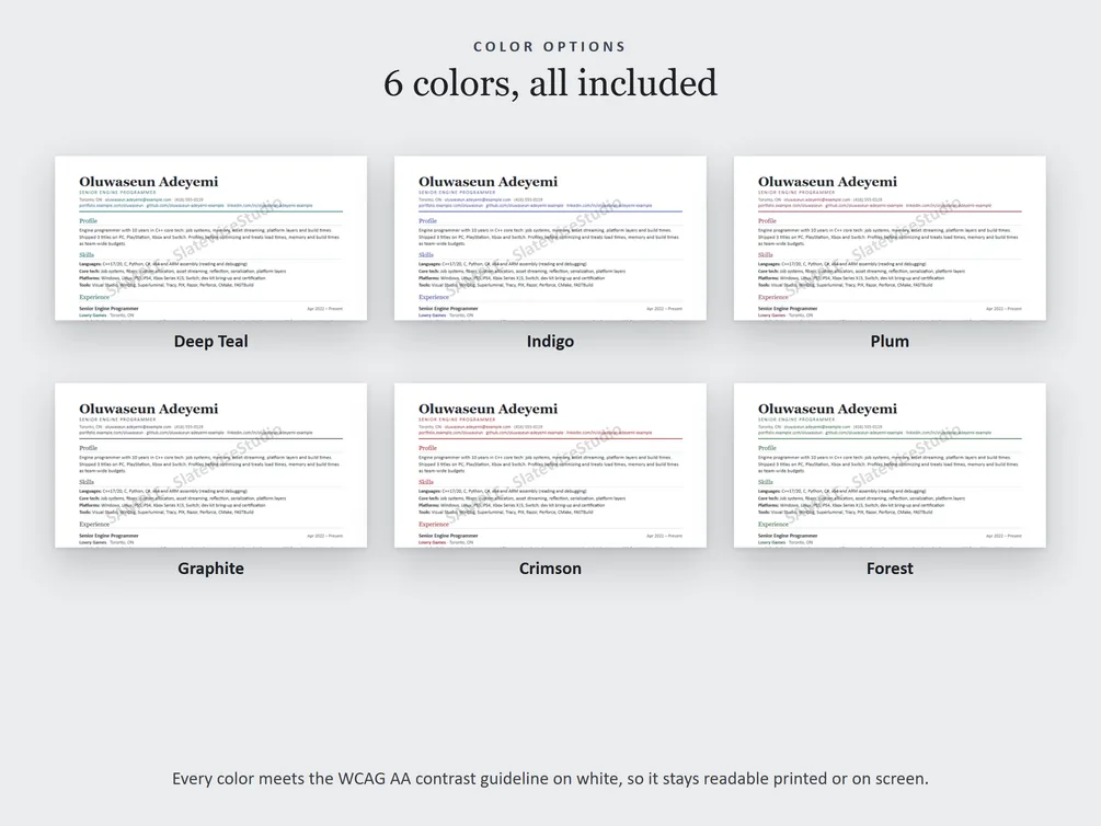 The six colors each resume comes in: Deep Teal, Indigo, Plum, Graphite, Crimson and Forest.