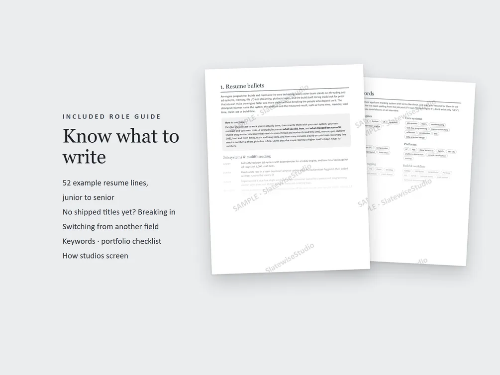 Pages from the Engine Programmer role guide, with example resume lines and advice on what to write.