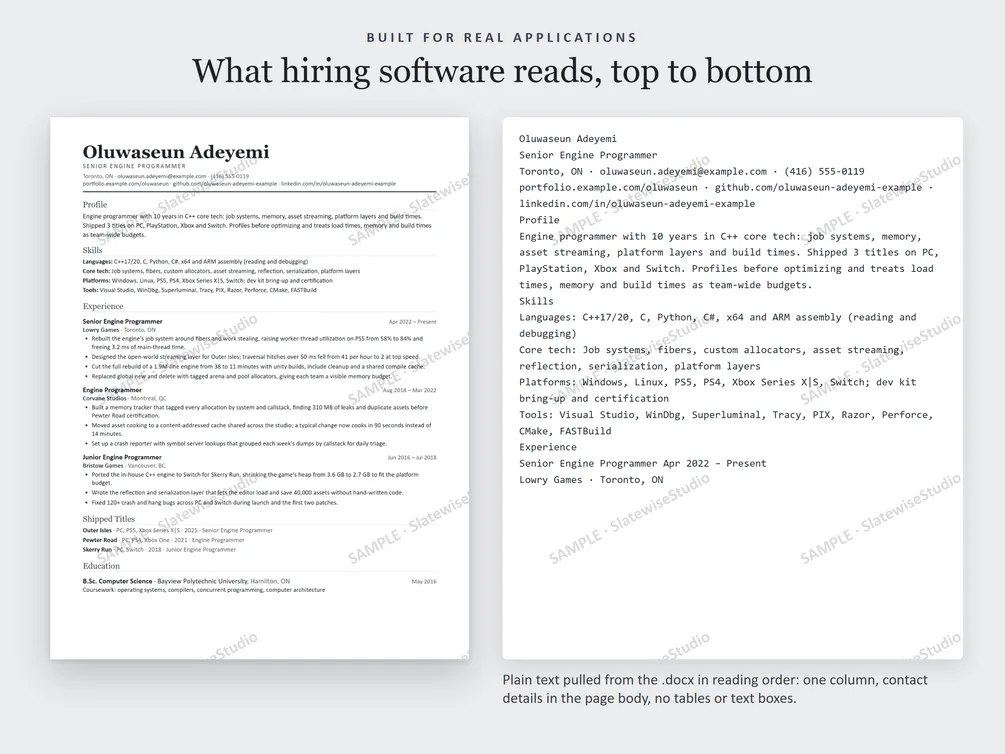 A sample Engine Programmer resume next to the plain text pulled from the file, in the same order.