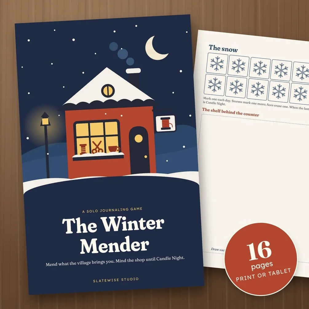 The Winter Mender cover: a red cottage in the snow under a crescent moon, marked as a 16-page zine for print or tablet.