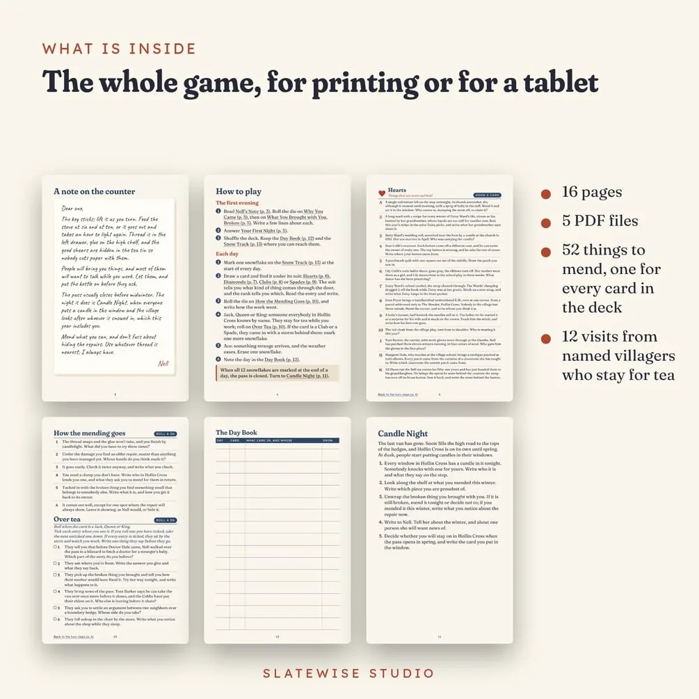 What's inside: 16 pages in 5 PDF files, with 52 things to mend, one for every card in the deck, and 12 visits from villagers who stay for tea.