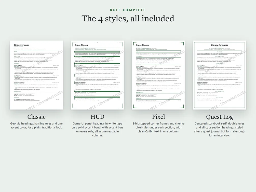 The four styles of the Economy Designer resume side by side: Classic, HUD, Pixel and Quest Log.