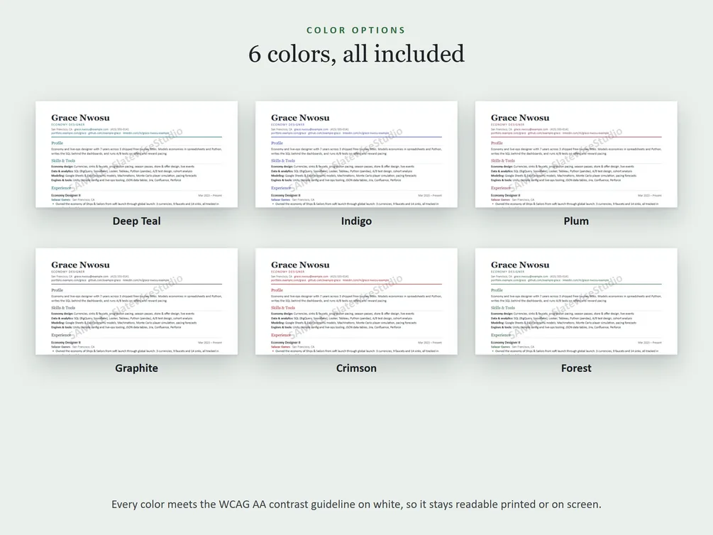 The six colors each resume comes in: Deep Teal, Indigo, Plum, Graphite, Crimson and Forest.