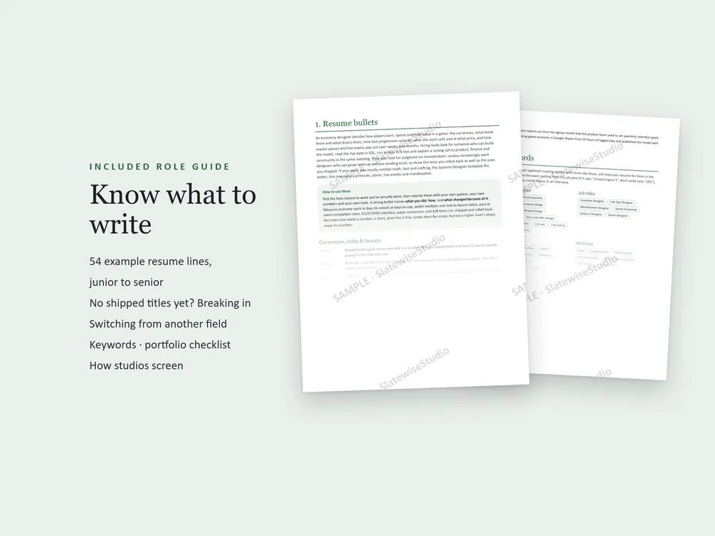 Pages from the Economy Designer role guide, with example resume lines and advice on what to write.