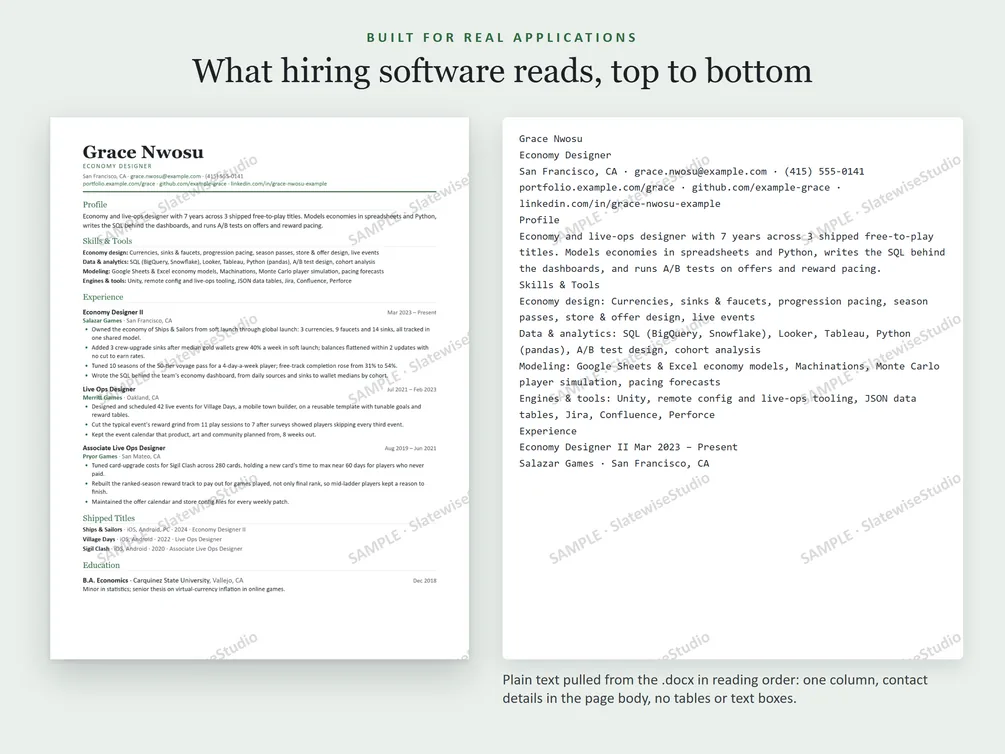 A sample Economy Designer resume next to the plain text pulled from the file, in the same order.