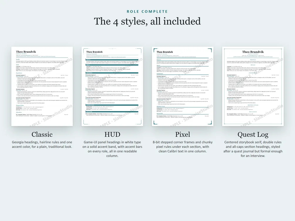 The four styles of the Gameplay Engineer resume side by side: Classic, HUD, Pixel and Quest Log.