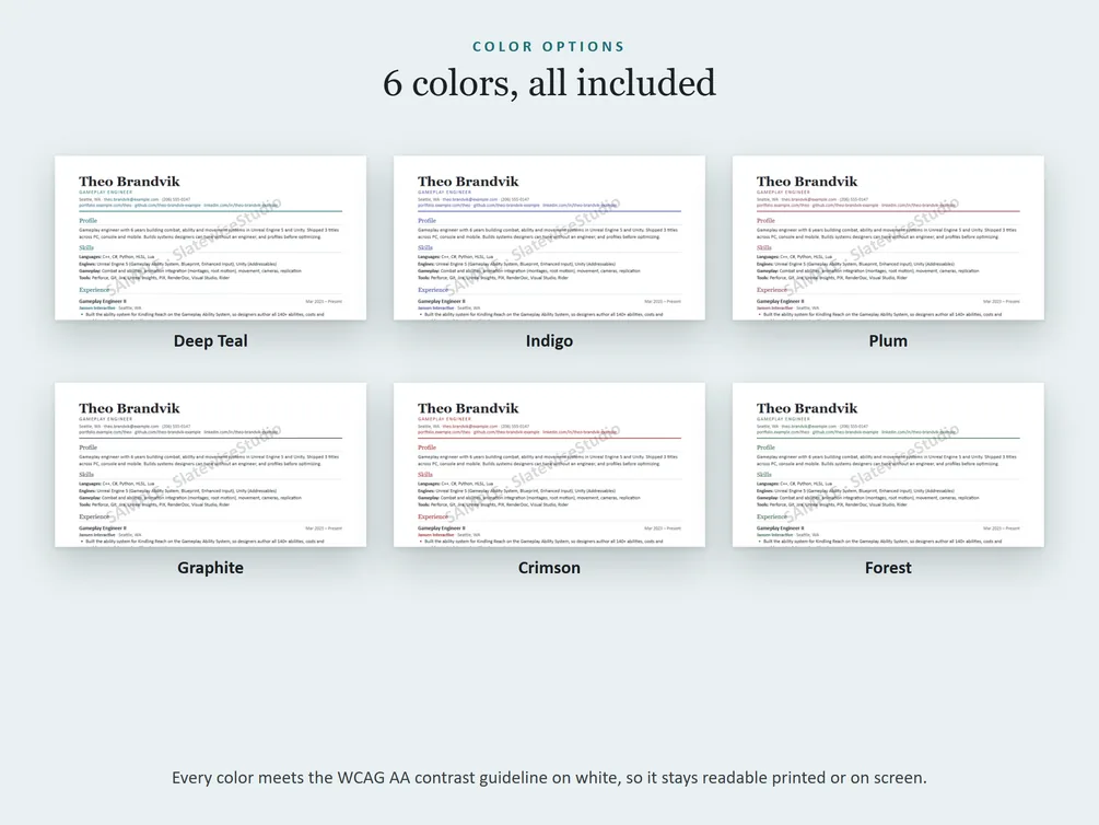 The six colors each resume comes in: Deep Teal, Indigo, Plum, Graphite, Crimson and Forest.