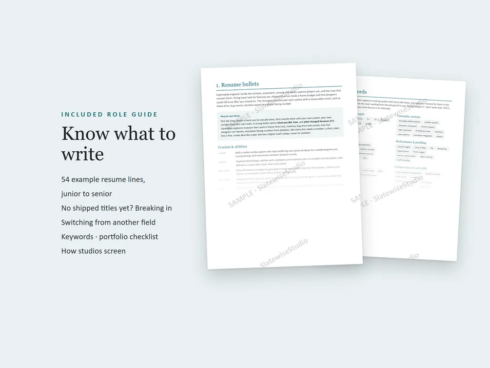 Pages from the Gameplay Engineer role guide, with example resume lines and advice on what to write.