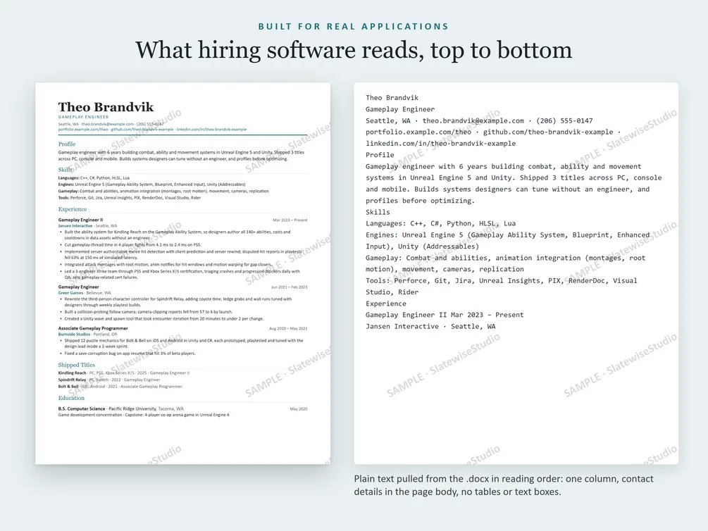 A sample Gameplay Engineer resume next to the plain text pulled from the file, in the same order.