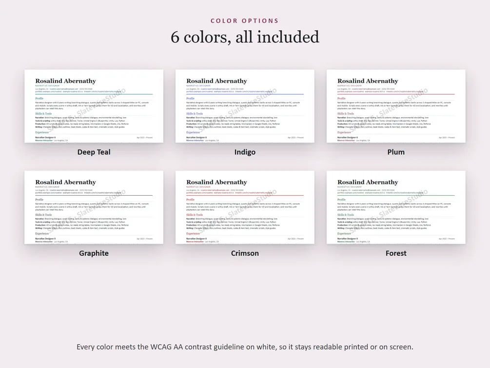 The six colors each resume comes in: Deep Teal, Indigo, Plum, Graphite, Crimson and Forest.
