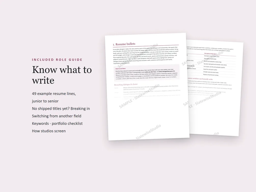 Pages from the Narrative Designer role guide, with example resume lines and advice on what to write.