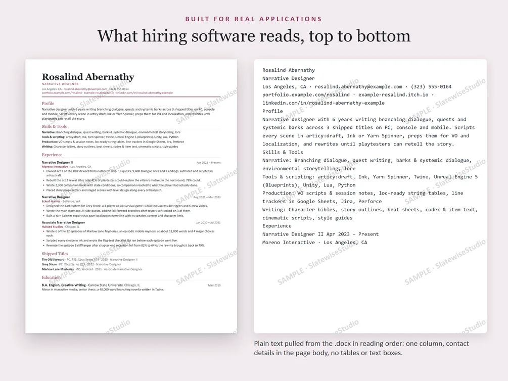 A sample Narrative Designer resume next to the plain text pulled from the file, in the same order.